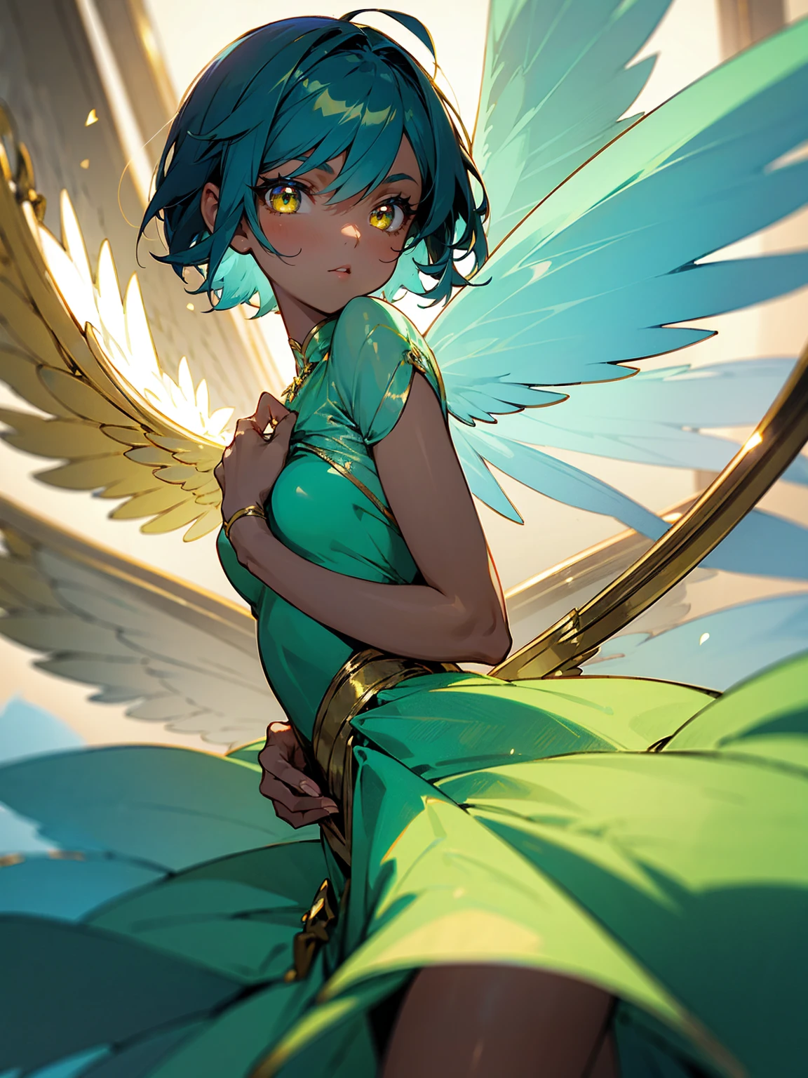 1female, young, fairy wings, azure hair, short hair, dark skin, angel wings, green dress, gold eyes, confident, facing viewer
