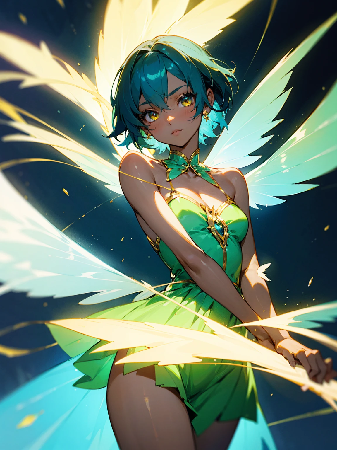 1female, young, fairy wings, azure hair, short hair, dark skin, angel wings, green dress, gold eyes, confident, facing viewer