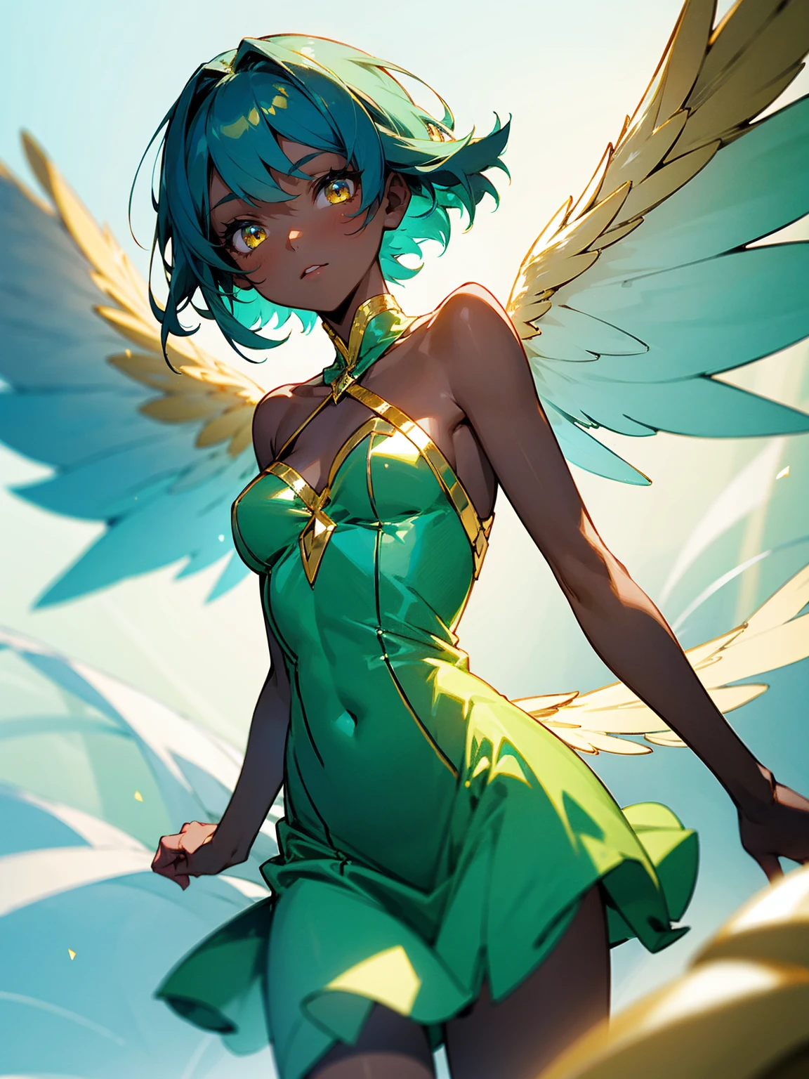 1female, young, fairy wings, azure hair, short hair, dark skin, angel wings, green dress, gold eyes, confident, facing viewer
