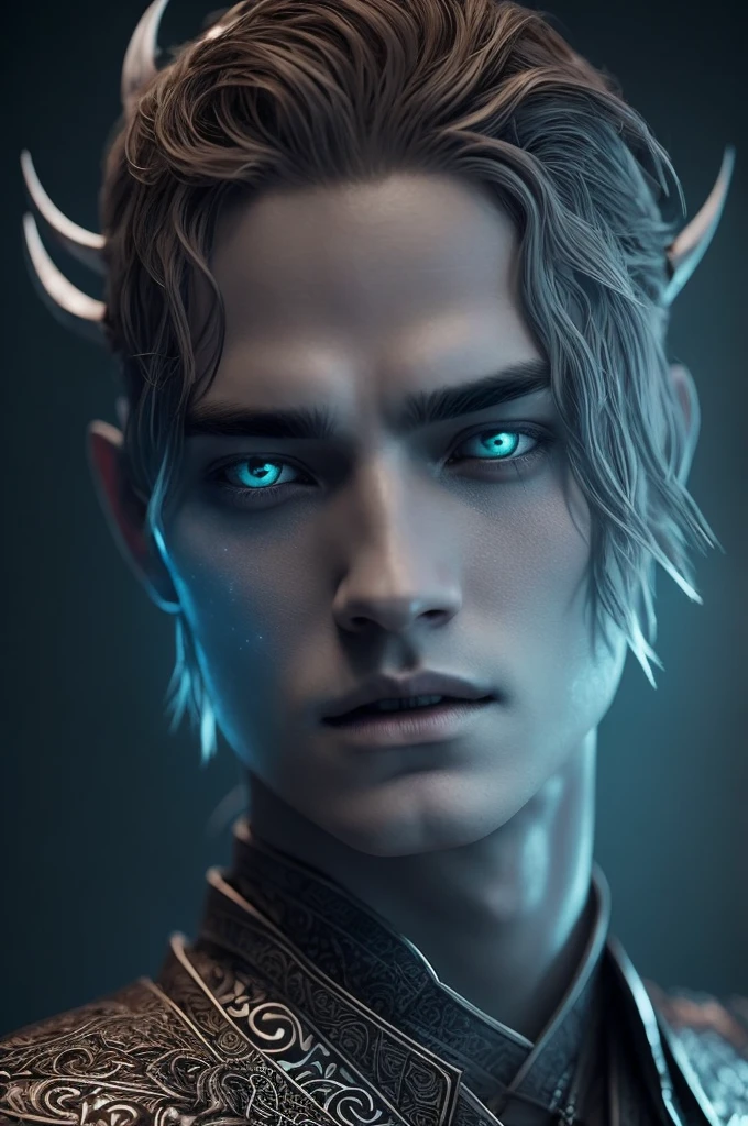 I want a man with white skin, with eyes covered in a demonic blue aura, I want him to have a hateful expression and dark, firm brown eyes, and a blue demonic aura with a trace of ice on his skin that surrounds his entire being, This man has two white horns that are embedded in blue flames and will have short brown hair and will wear a silver chain around his neck., pink lips with small traces of ice, will wear a gray and blue kimono with radiant white crystals, appear to be at least 20 years old. captured in an ultra-realistic full HD 4K portrait, detailed texture showing its menacing shape, Immersive atmosphere, high definition shadow play, digitalpainting, nevoa no environment. I want a different monster from each other and make the image darker, obscure, creating a dark and dimly lit horror atmosphere!