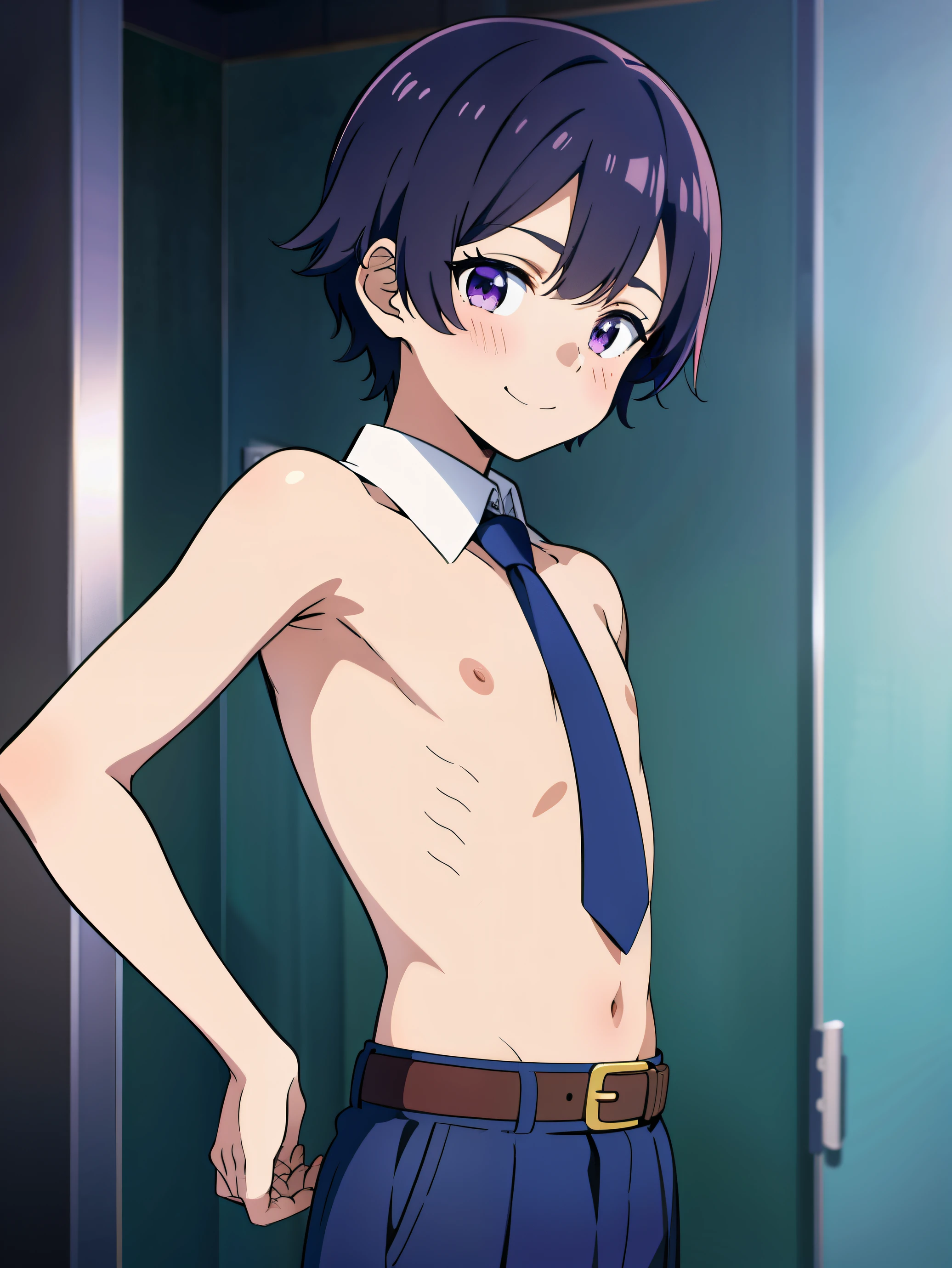 Highres, Masterpiece, Best quality at best,Best Quality,hight quality, hight detailed, Anime style, 1boy, Shota, young boy, Solo person, smile, Violet hair, messy hair, school, Sleeveless uniform, Bare shoulder, Tie, Seen from the front, look at viewer, upper body, belt, Such a cute smooth armpit, showing armpit, Cute armpit, Boy cutely shows his armpit, The armpits of a 12 year old boy, Adorable little armpits, (very young boy), (very small and short body), ***************s, uhd, blurry beckground