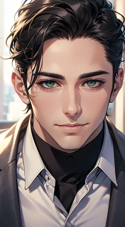 (Highest quality,4K,8K,High resolution,masterpiece:1.2),Super detailed,(Realistic,photoRealistic,photo-Realistic:1.37),1 person,34 years old,Mature Men,Beautiful skin、very handsome,Expressionless smile in love,Short gray Black hair,green eyes,Sharp Eyes,A perfect face without a doubt,Businessman, CEO, Office Background,Cinema Lighting,HDR image,tie、
