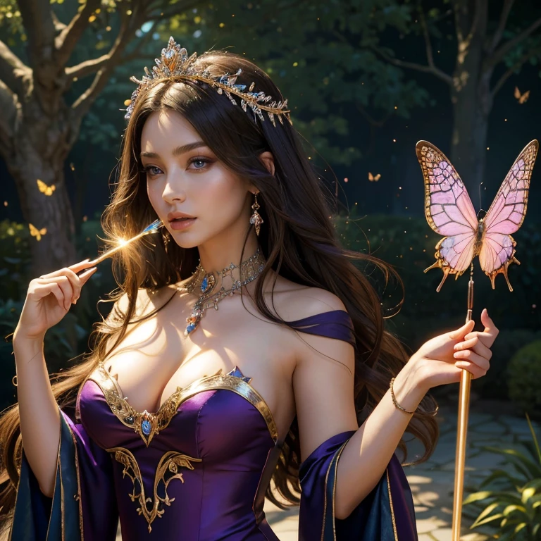 (​masterpiece, best quality:1.5), highest quality, High resolution, super detailed, Realists, Upper body photo of a brunette sorceress, detailed and beautiful eyes, beautiful detailed lips, very detailed eyes and face, longeyelashes, shiny satin dress, Holding a wand in your hand and performing a transformation spell, Magic wands present and shiny, Beautiful and colorful makeup, elegant and noble々The jewelry bag, Gardens as background, soft daylight, bright colors, fine brushstrokes, Portrait style, Silk dress fabric, beautiful color palette, glowing skin, First-class rendering, that captures every detail, enchanting atmosphere, subtle shadows and lights, (perfect anatomy:1.2), (The stunning sorceress turns butterflies into fairies (a transformation with the magic wand:1.4), (magnificent panorama view:1.2)