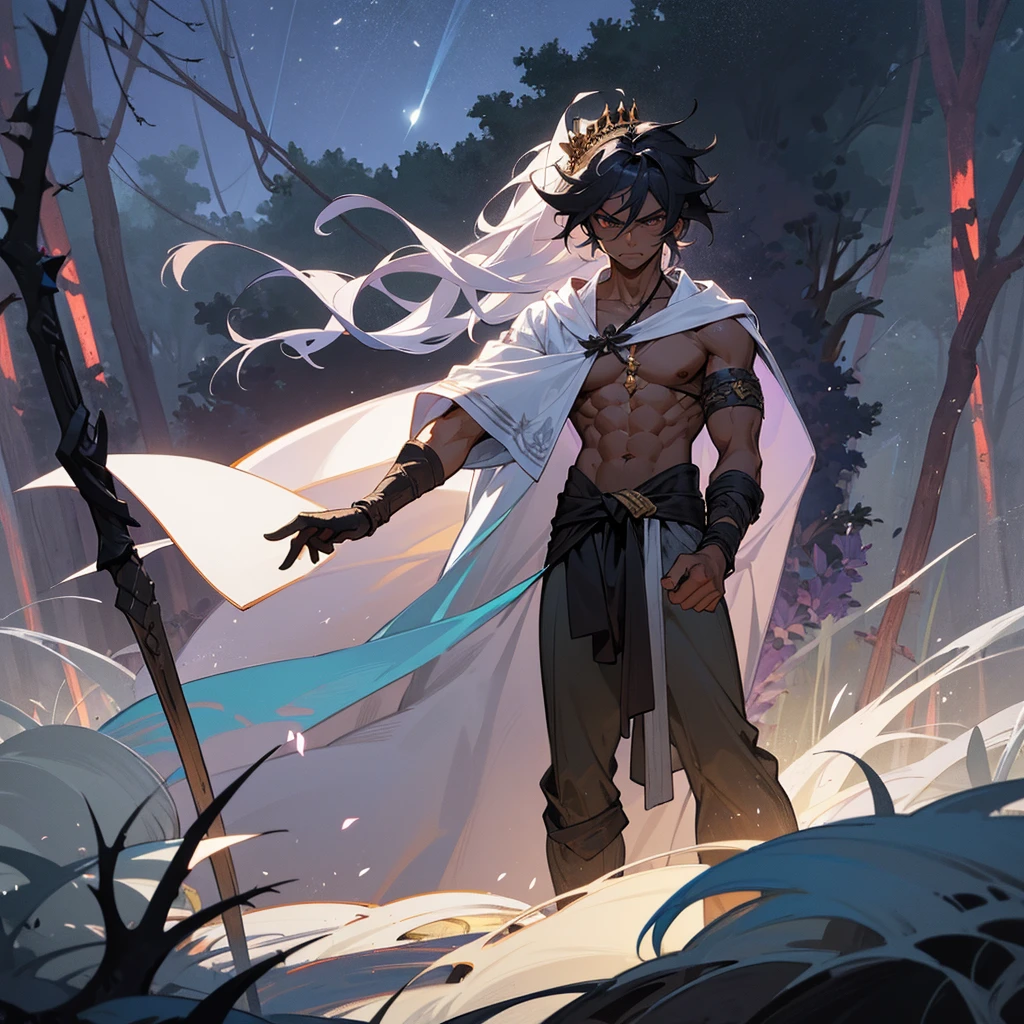 1male, muscular, dark skin, young teen, finely detailed lavander eyes, wild long hair, messy hair, seashell white color hair, adventurer gear, greek robes, night time, dark forest, somber expression, angry, flowers, standing on path, lanturns, black armband, cut over eyebrow, crown made of thorns, no undershirt