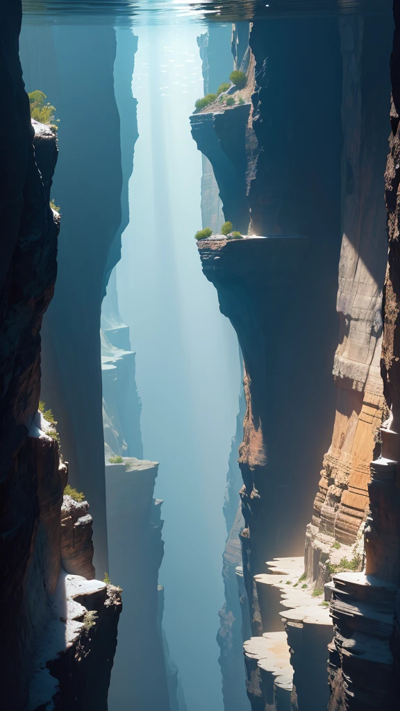 Divers swim to the bottom of the deep sea canyon，vertical composition，claustrophobic，extreme darkness，The bottom of the canyon shines