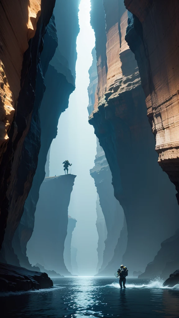 Divers swim to the bottom of the deep sea canyon,vertical composition,claustrophobic,extreme darkness,The bottom of the canyon shines