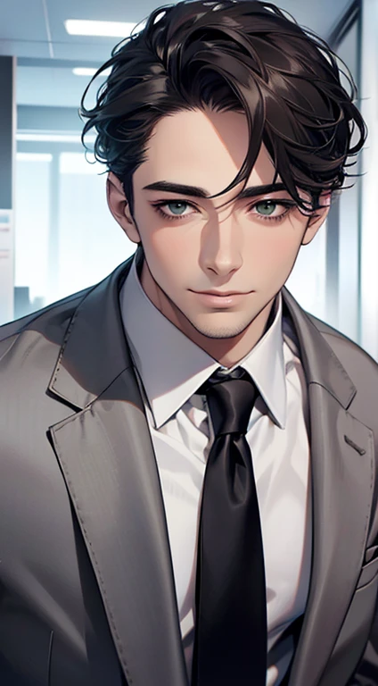 (Highest quality,4K,8K,High resolution,masterpiece:1.2),Super detailed,(Realistic,photoRealistic,photo-Realistic:1.37),1 person,34 years old,Mature Men,Beautiful skin、very handsome,Expressionless smile in love,Short gray Black hair,green eyes,Sharp Eyes,A perfect face without a doubt,Businessman, CEO, Office Background,Cinema Lighting,HDR image,tie、