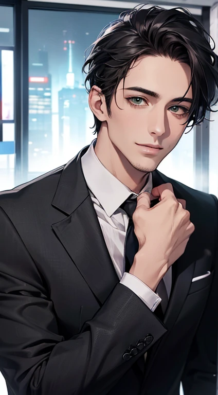 (Highest quality,4K,8K,High resolution,masterpiece:1.2),Super detailed,(Realistic,photoRealistic,photo-Realistic:1.37),1 person,34 years old,Mature Men,Beautiful skin、very handsome,Expressionless smile in love,Short gray Black hair,green eyes,Sharp Eyes,A perfect face without a doubt,Businessman, CEO, Office Background,Cinema Lighting,HDR image,tie、