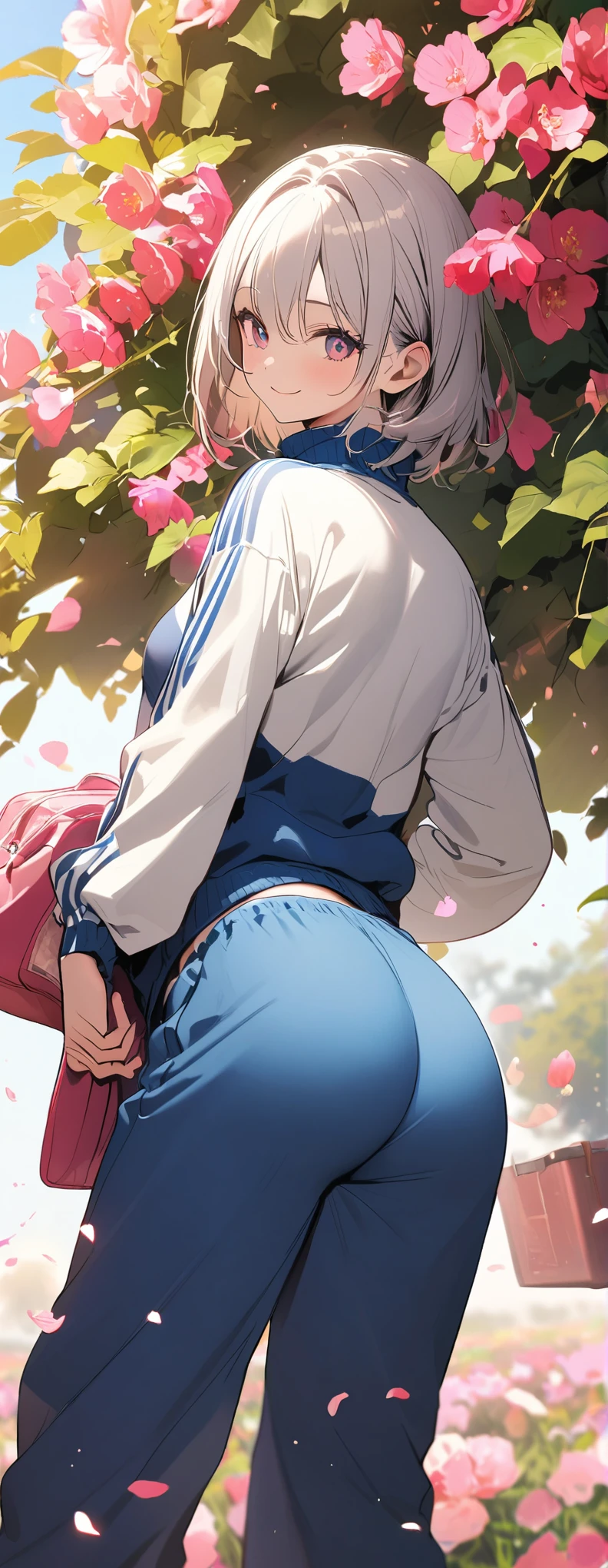 masterpiece, Highest quality, Ultra-high resolution, (beautiful girl: 1.3),(Side tail),Looks about 15 years old、 (Blue sweatpants:1.3), (The jacket is a blue track jacket..: 1.3), Rear view,flower field、from below,(((Focus on the very big things, Round and beautifully shaped butt))),, (pale skin:1.3),(Great smile:1.3)