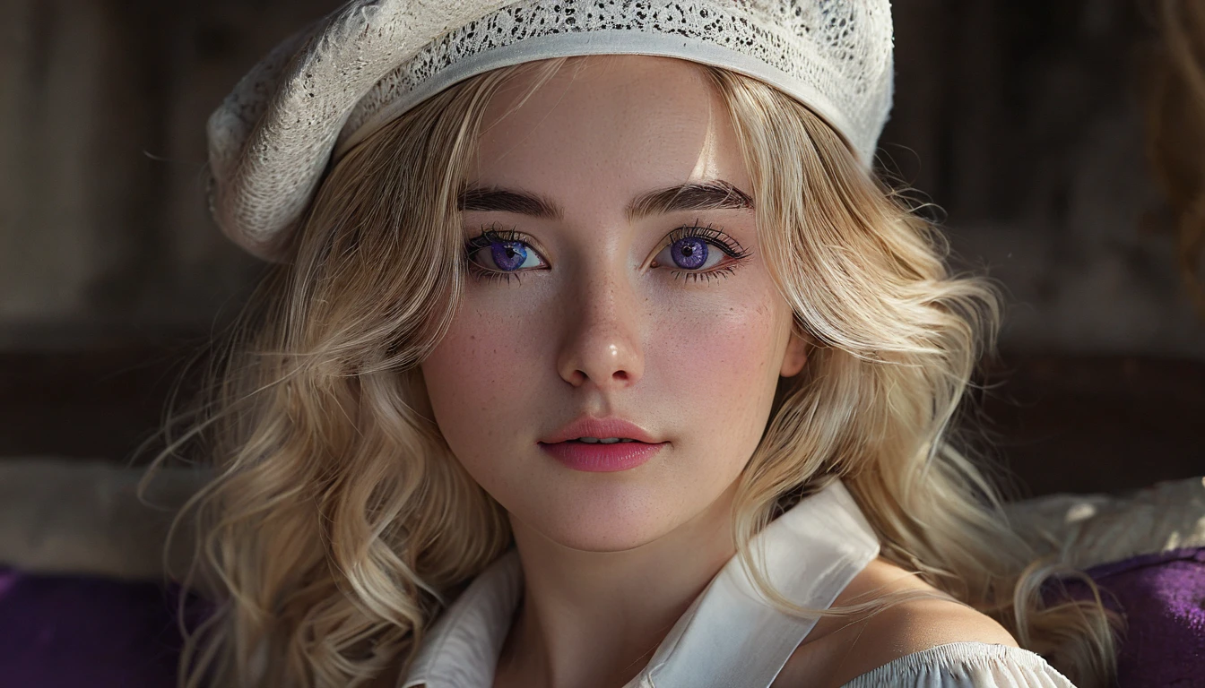 textured skin, 8k, beautiful detailed eyes, cinematic lighting, beautiful detailed face, ultra-detailed, world masterpiece theater, cinematic lighting,, 1girl, solo, blonde hair, purple eyes, hair bow, white shirt, beret, bare shoulders, (race), mexican, dirty blonde hair,