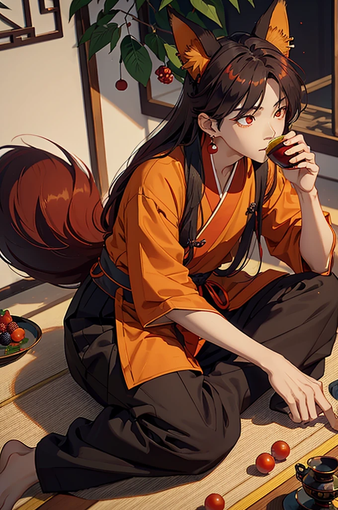 1boy, red eyes, fox ears, orange long hair, nine fox tails, red and green earrings in the ears, earrings in the shape of berries, black Hanfu, dark brown pants, Geats on his feet, sitting at the table, drinking tea from a saucer, The background is a room of a Chinese palace