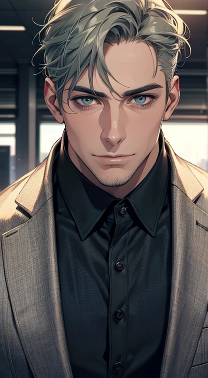(best quality,4k,8k,highres,masterpiece:1.2),ultra-detailed,(realistic,photorealistic,photo-realistic:1.37),1 man,31 years old,mature man,very handsome,without expression,smile,short grey green hair,blue eyes,penetrating gaze,perfect face without errors,imposing posture,businessman,office background,cinematic lighting,hdr image