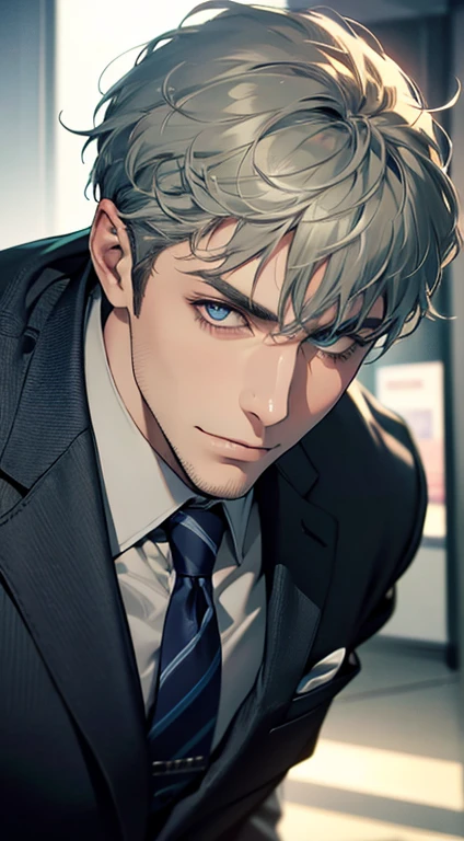 (best quality,4k,8k,highres,masterpiece:1.2),ultra-detailed,(realistic,photorealistic,photo-realistic:1.37),1 man,31 years old,mature man,very handsome,without expression,smile,short grey green hair,blue eyes,penetrating gaze,perfect face without errors,imposing posture,businessman,office background,cinematic lighting,hdr image