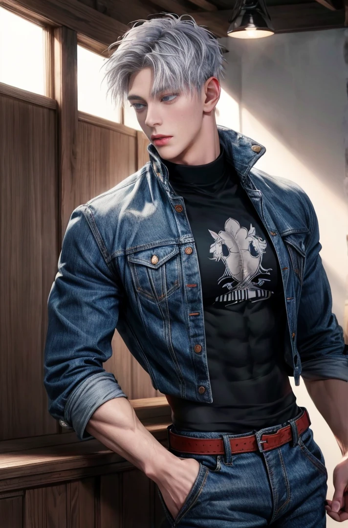 1 male, high resolution 4k, adult, handsome, perfect face detail, detailed eyes and face, clean shaved, sixpack realistic, white eyebrow hair, white eyelashes, Naked torso, Detailed face, perfect face, dynamic lighting, unreal engine, hd picture, satoru gojo, Jujutsu kaisen, white hair, short hair ,hair between eyes ,blue eyes, white skin, Sexy clothes, denim jacket