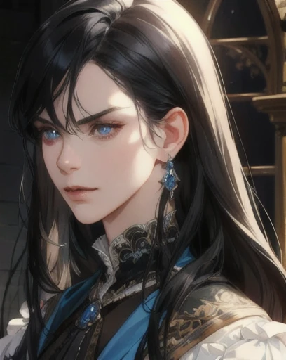 man, long straight black hair, blue eyes, side-swept bangs, mature, angry, sharp jaw, god eyes, diamond earrings, cravat, blue suit, detailed realistic portrait, photorealistic, hyperrealistic, 8k, detailed clothing, beautiful detailed eyes, beautiful detailed lips, extremely detailed face, cinematic lighting, dramatic shadows, warm color tones, natural lighting, highly detailed, intricate ornate details, masterpiece, artstation, sharp focus, hyper detailed, victorian era