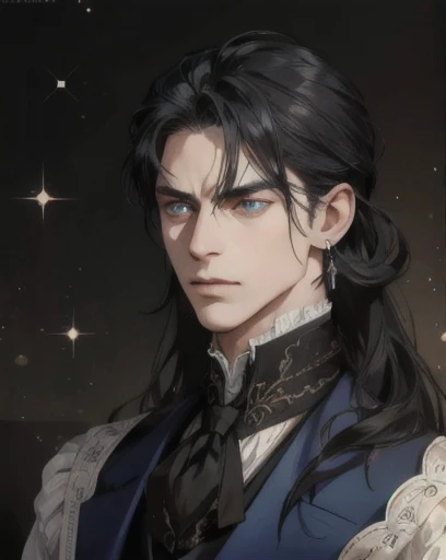 man, long straight black hair, blue eyes, side-swept bangs, mature, angry, sharp jaw, god eyes, diamond earrings, cravat, blue suit, detailed realistic portrait, photorealistic, hyperrealistic, 8k, detailed clothing, beautiful detailed eyes, beautiful detailed lips, extremely detailed face, cinematic lighting, dramatic shadows, warm color tones, natural lighting, highly detailed, intricate ornate details, masterpiece, artstation, sharp focus, hyper detailed, victorian era
