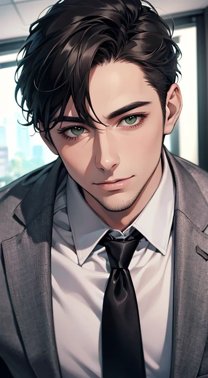 (Highest quality,4K,8K,High resolution,masterpiece:1.2),Super detailed,(Realistic,photoRealistic,photo-Realistic:1.37),1 person,34 years old,Mature Men,Beautiful skin、very handsome,Expressionless smile in love,Short gray Black hair,green eyes,Sharp Eyes,A perfect face without a doubt,Businessman, CEO, Office Background,Cinema Lighting,HDR image,tie、