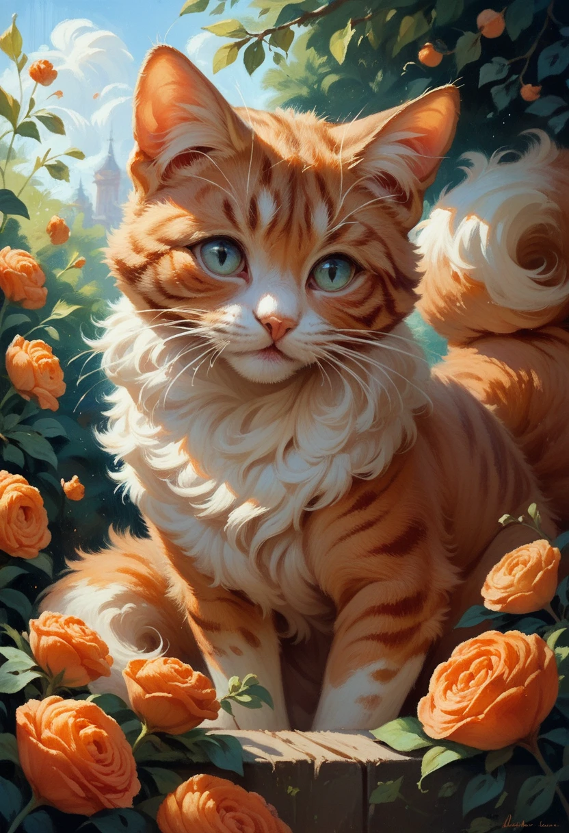 gouache painting of a whimsical orange maine coone cat with long whiskers and fluffy tail. tail is up, cartoon style