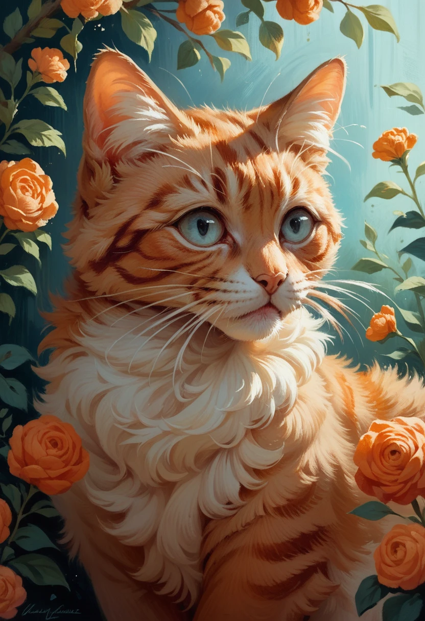 gouache painting of a whimsical orange maine coone cat with long whiskers and fluffy tail. tail is up, cartoon style