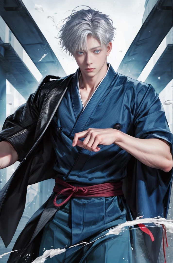 1 male, high resolution 4k, adult, handsome, perfect face detail, detailed eyes and face, clean shaved, sixpack realistic, white eyebrow hair, white eyelashes, Naked torso, Detailed face, perfect face, dynamic lighting, unreal engine, hd picture, satoru gojo, Jujutsu kaisen, white hair, short hair ,hair between eyes ,blue eyes, white skin, 