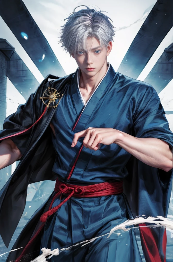 1 male, high resolution 4k, adult, handsome, perfect face detail, detailed eyes and face, clean shaved, sixpack realistic, white eyebrow hair, white eyelashes, Naked torso, Detailed face, perfect face, dynamic lighting, unreal engine, hd picture, satoru gojo, Jujutsu kaisen, white hair, short hair ,hair between eyes ,blue eyes, white skin, 