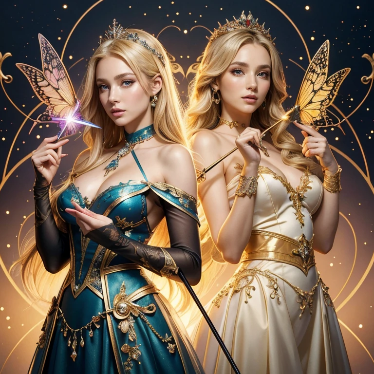 (​masterpiece, best quality:1.5), highest quality, High resolution, super detailed, Realists, Upper body photo of a blonde sorceress, detailed and beautiful eyes, beautiful detailed lips, very detailed eyes and face, longeyelashes, shiny satin dress, Holding a wand in your hand and performing a transformation spell, Magic wands present and shiny, Beautiful and colorful makeup, elegant and noble々The jewelry bag, Gardens as background, soft daylight, bright colors, fine brushstrokes, Portrait style, Silk dress fabric, beautiful color palette, glowing skin, First-class rendering, that captures every detail, enchanting atmosphere, subtle shadows and lights, (perfect anatomy:1.2), (The two stunning sorceresses transform wasps into butterflies (a transformation with the magic wand:1.4), (magnificent panorama view:1.2)