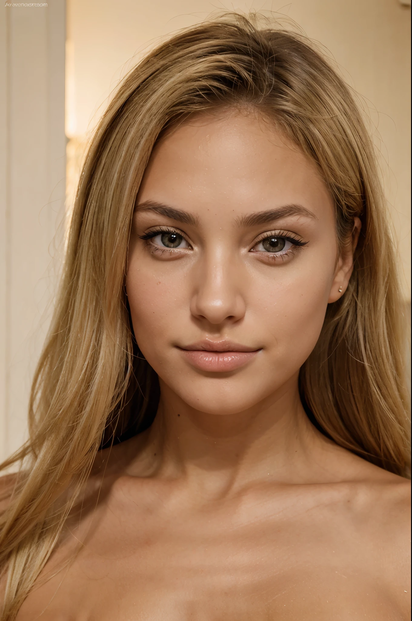jolie jeune femme européenne blonde foncée, tanned skin, small-nose, bright, made-up eyes, Tan, thick and luscious mouth, magnificent, best quality,