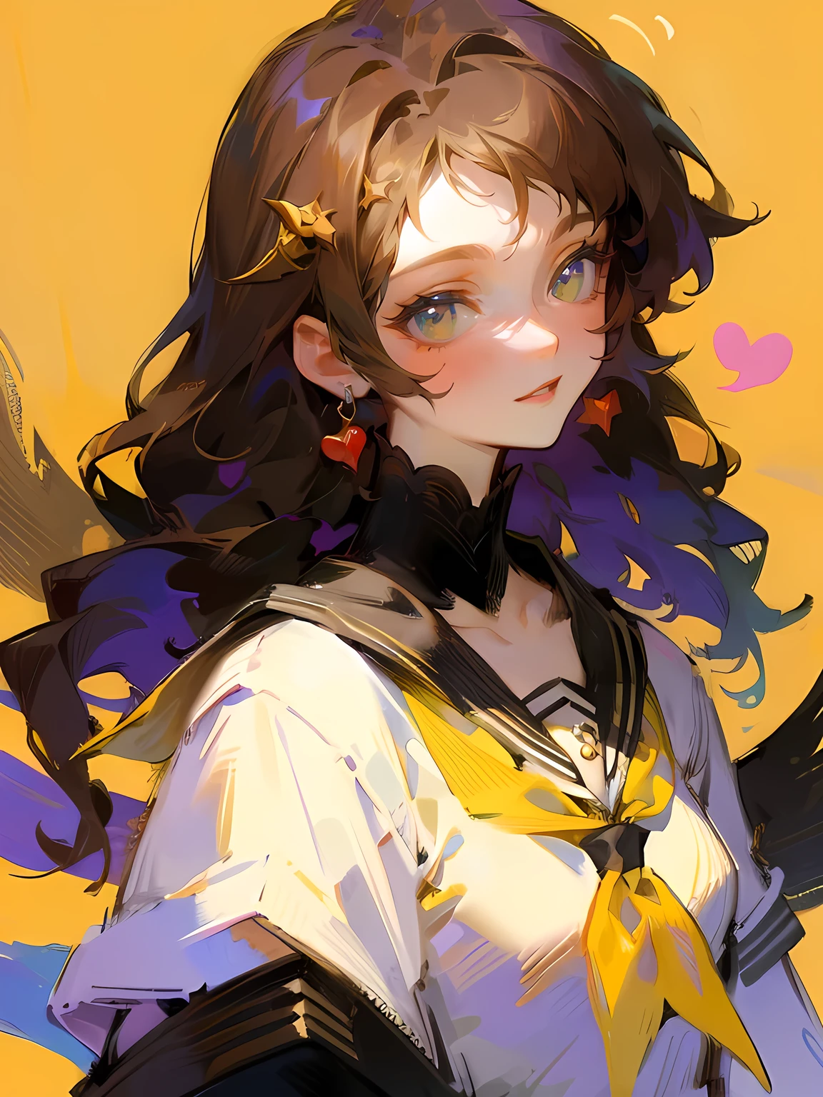 Ichigestil, 1 girl, One, Brown hair, heart, hair ornament, , Side tail, smile, I look at the viewer, neckerchief, upper body, heart hair ornament, cardigan, sailor collar, seraphim, black sailor collar, bang, yellow eyes, closed mouth, long hair, Brown eyes, purple neckerchief, striped background, clavicle, striped, dotted, star (symbol)