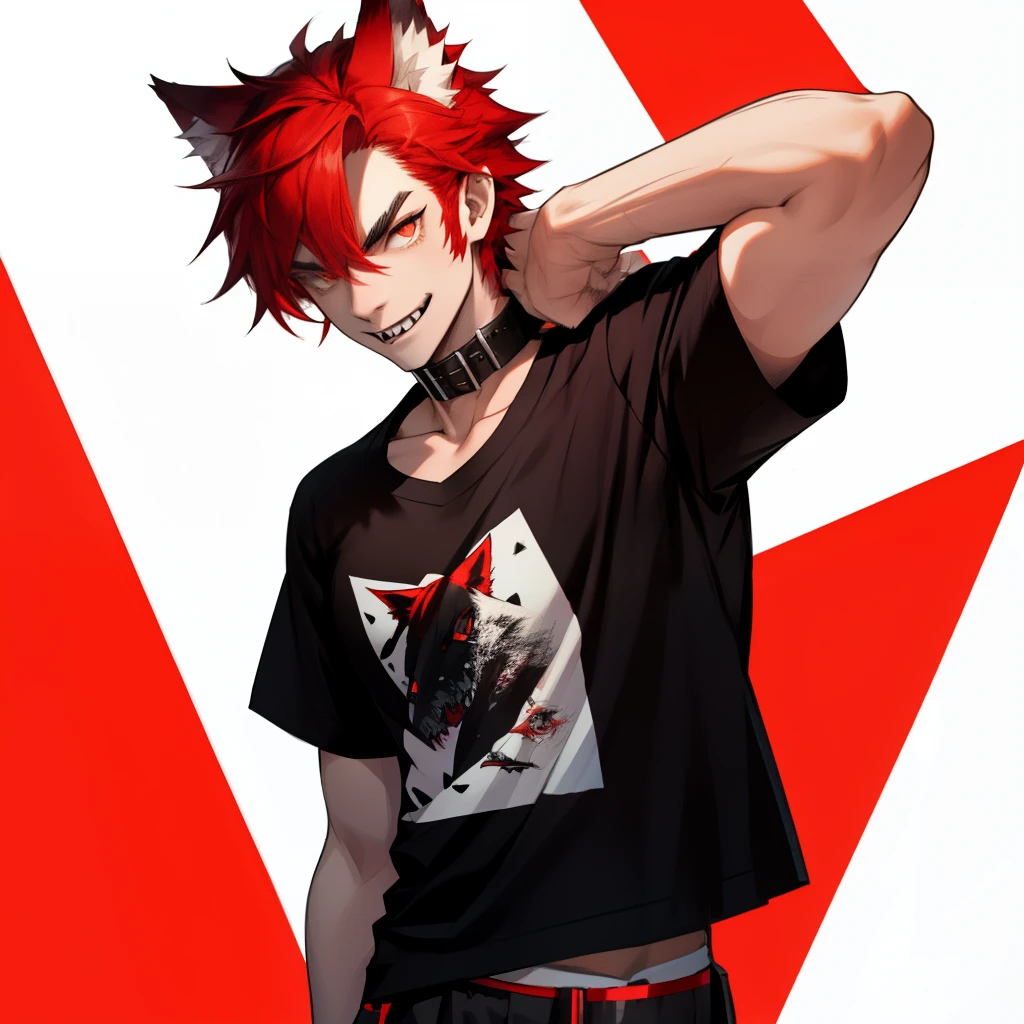 lithe male with red hair, wolf ears and wolf tail, wearing graphic t-shirt, cute fangs, wearing collar, solo, alone, (SOLO)(ALONE) slim figure