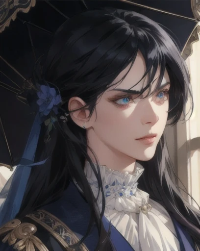 man, long straight black hair, piercing blue eyes, side-swept bangs, mature, angry, sharp jaw, god eyes, white cravat, navy blue suit, detailed realistic portrait, photorealistic, hyperrealistic, 8k, detailed clothing, beautiful detailed eyes, beautiful detailed lips, extremely detailed face, cinematic lighting, dramatic shadows, warm color tones, natural lighting, highly detailed, intricate ornate details, masterpiece, artstation, sharp focus, hyper detailed, victorian era