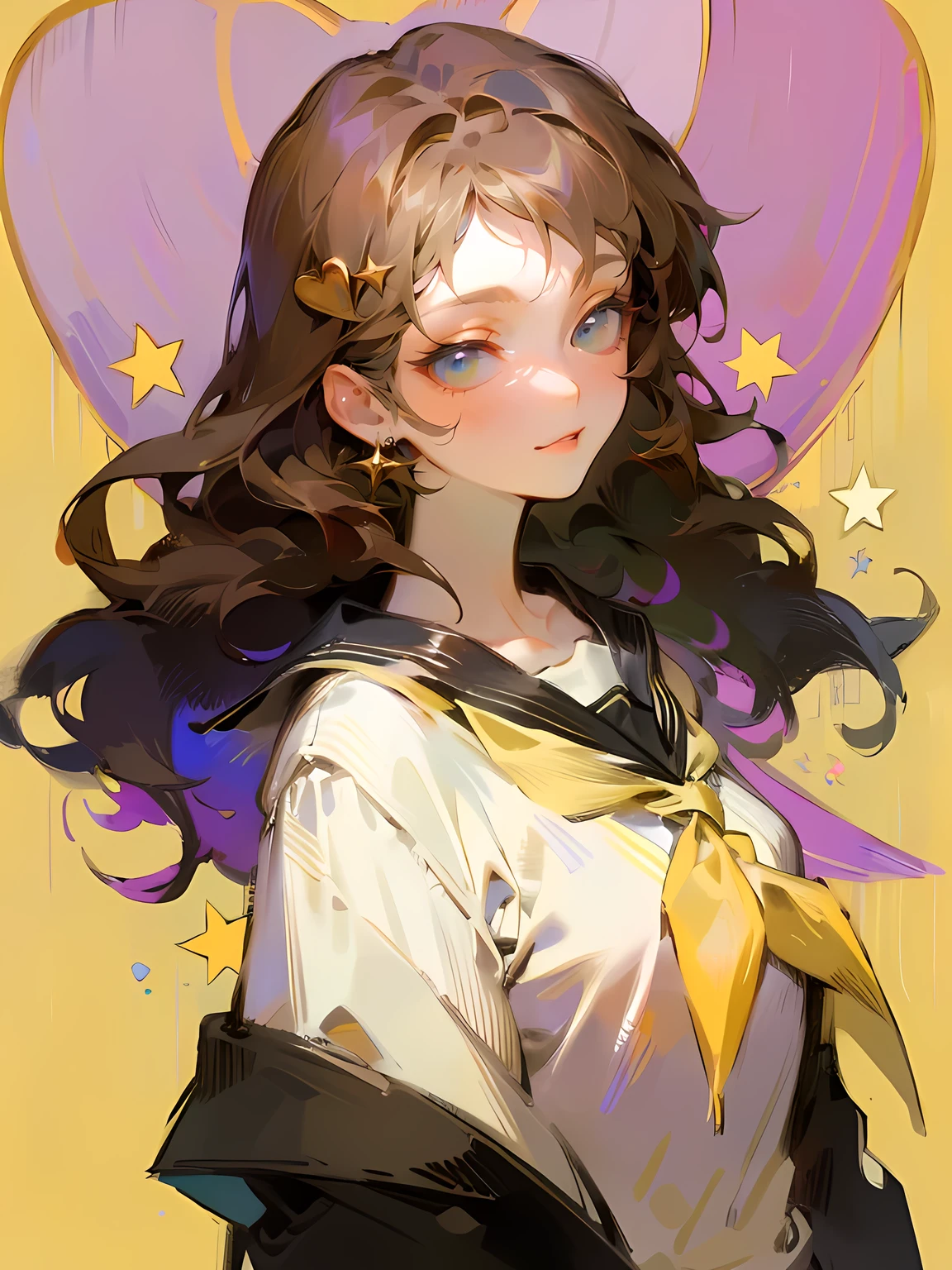 Ichigestil, 1 girl, One, Brown hair, heart, hair ornament, , Side tail, smile, I look at the viewer, neckerchief, upper body, heart hair ornament, cardigan, sailor collar, seraphim, black sailor collar, bang, yellow eyes, closed mouth, long hair, Brown eyes, purple neckerchief, striped background, clavicle, striped, dotted, star (symbol)