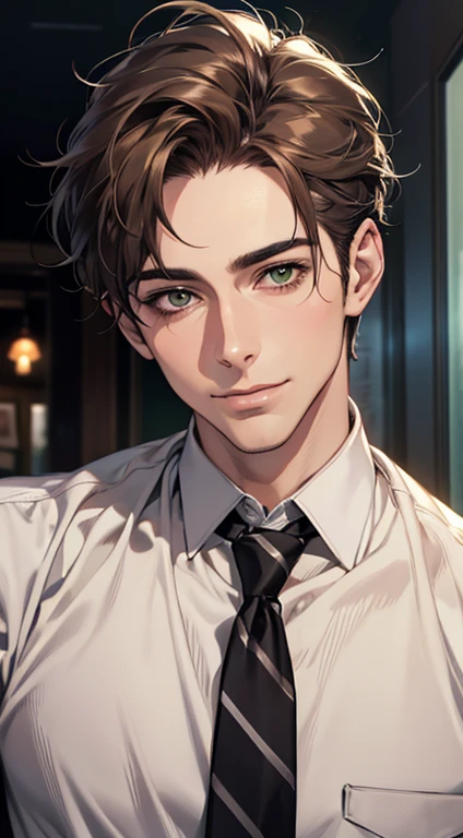 (Highest quality,4K,8K,High resolution,masterpiece:1.2),Super detailed,(Realistic,photoRealistic,photo-Realistic:1.37),1 person,34 years old,Mature Men,Beautiful skin、very handsome,Expressionless smile in love,Short gray Brown hair,green eyes,Sharp Eyes,A perfect face without a doubt,Businessman, CEO, Office Background,Cinema Lighting,HDR image,tie、