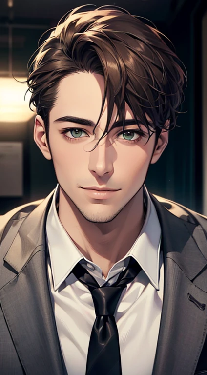 (Highest quality,4K,8K,High resolution,masterpiece:1.2),Super detailed,(Realistic,photoRealistic,photo-Realistic:1.37),1 person,34 years old,Mature Men,Beautiful skin、very handsome,Expressionless smile in love,Short gray Brown hair,green eyes,Sharp Eyes,A perfect face without a doubt,Businessman, CEO, Office Background,Cinema Lighting,HDR image,tie、