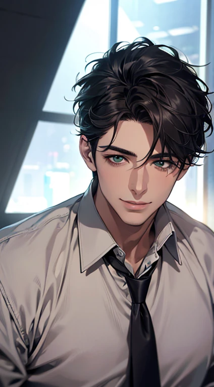 (Highest quality,4K,8K,High resolution,masterpiece:1.2),Super detailed,(Realistic,photoRealistic,photo-Realistic:1.37),1 person,34 years old,Mature Men,Beautiful skin、very handsome,Expressionless smile in love,Short gray Black hair,green eyes,Sharp Eyes,A perfect face without a doubt,Businessman, CEO, Office Background,Cinema Lighting,HDR image,tie、