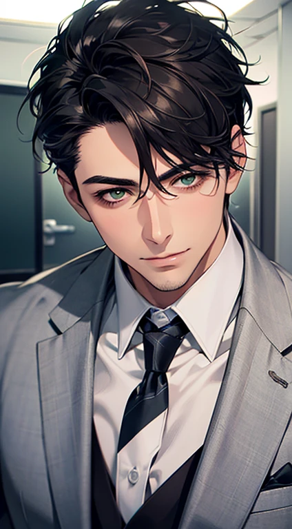 (Highest quality,4K,8K,High resolution,masterpiece:1.2),Super detailed,(Realistic,photoRealistic,photo-Realistic:1.37),1 person,34 years old,Mature Men,Beautiful skin、very handsome,Expressionless smile in love,Short gray Black hair,green eyes,Sharp Eyes,A perfect face without a doubt,Businessman, CEO, Office Background,Cinema Lighting,HDR image,tie、