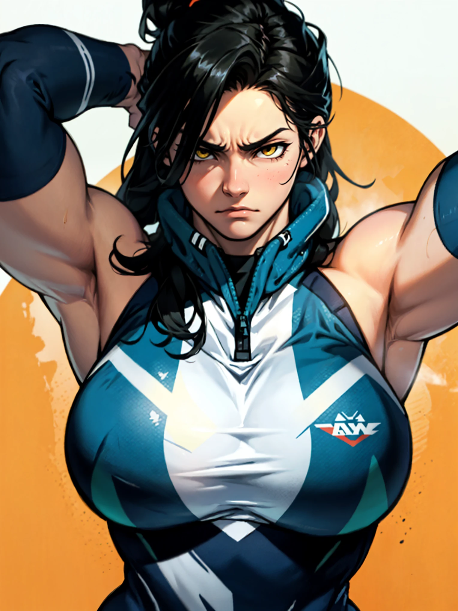 serious look sad empty eyes collant gymnast thick thick thick massive breasts muscular girl black hair yellow eyes pale skin