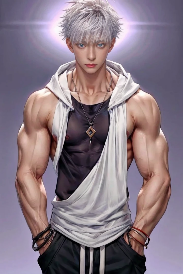 1 male, high resolution 4k, adult, handsome, perfect face detail, detailed eyes and face, clean shaved, sixpack realistic, white eyebrow hair, white eyelashes, torso, Detailed face, perfect face, dynamic lighting, unreal engine, hd picture, satoru gojo, Jujutsu kaisen, white hair, short hair ,hair between eyes ,blue eyes, white skin, Sexy thes, singlet hoodie jacket