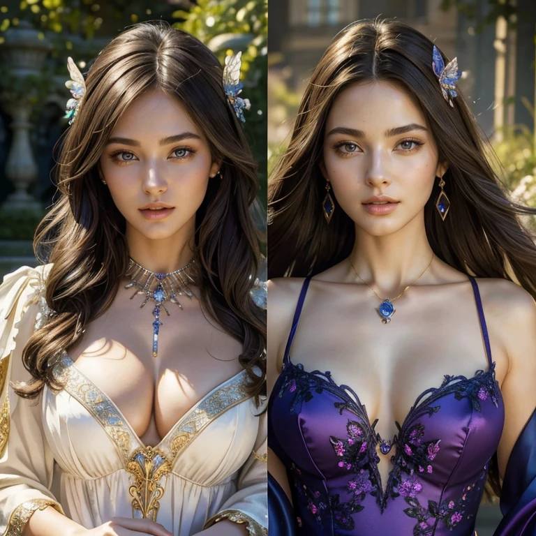 (​masterpiece, best quality:1.5), highest quality, High resolution, super detailed, Realists, Upper body photo of a brunette sorceress, detailed and beautiful eyes, beautiful detailed lips, very detailed eyes and face, longeyelashes, shiny satin dress, Holding a wand in your hand and performing a transformation spell, Magic wands present and shiny, Beautiful and colorful makeup, elegant and noble々The jewelry bag, Gardens as background, soft daylight, bright colors, fine brushstrokes, Portrait style, Silk dress fabric, beautiful color palette, glowing skin, First-class rendering, that captures every detail, enchanting atmosphere, subtle shadows and lights, (perfect anatomy:1.2), (The two stunning sorceresses transform butterflies into jewelry (a transformation with the magic wand:1.4), (magnificent panorama view:1.2)