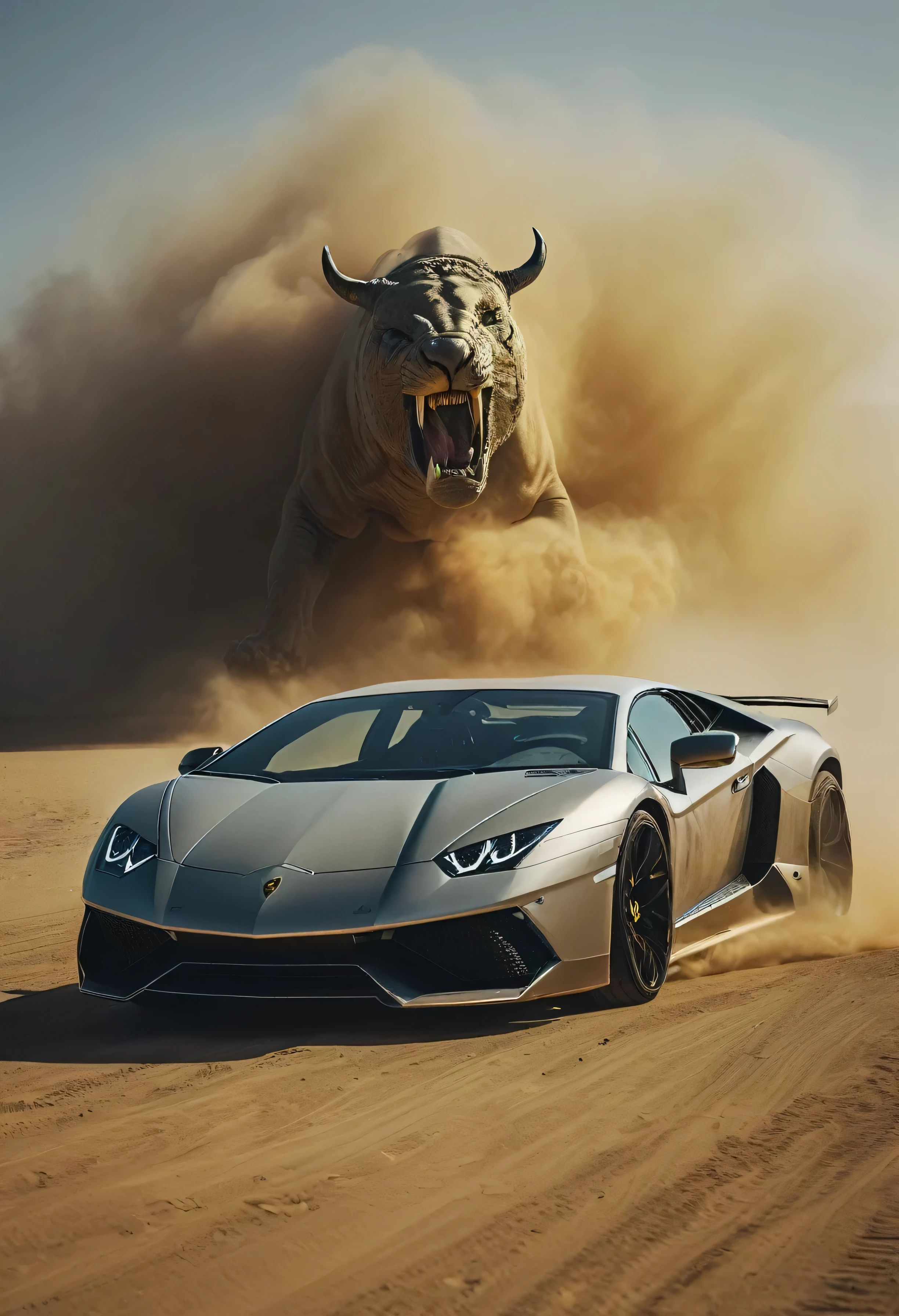 amazing quality, masterpiece, best quality, very detailed, very detailed, uhd, complete anatomy, portrait, degree of freedom, surrealism, majestic, exorbitant, inspirational, boss style, Lindworm attacking in the Dusty Desert, Lamborghini running away, atmospheric fog, cinematic composition, soft shadows, national geographic style
