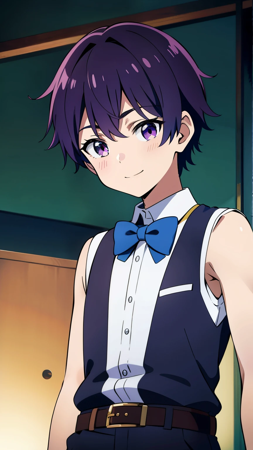 Highres, Masterpiece, Best quality at best,Best Quality,hight quality, hight detailed, Anime style, 1boy, Shota, young boy, Solo person, smile, Violet hair, messy hair, Sleeveless vest, Bare shoulder, Bowtie, waiter, party, Seen from the front, look at viewer, upper body, belt, Such a cute smooth armpit, showing armpit, Cute armpit, Boy cutely shows his armpit, The armpits of a  boy, Adorable little armpits, (very young boy), (very small and short body), 12-year-oldoysd, bly beckground