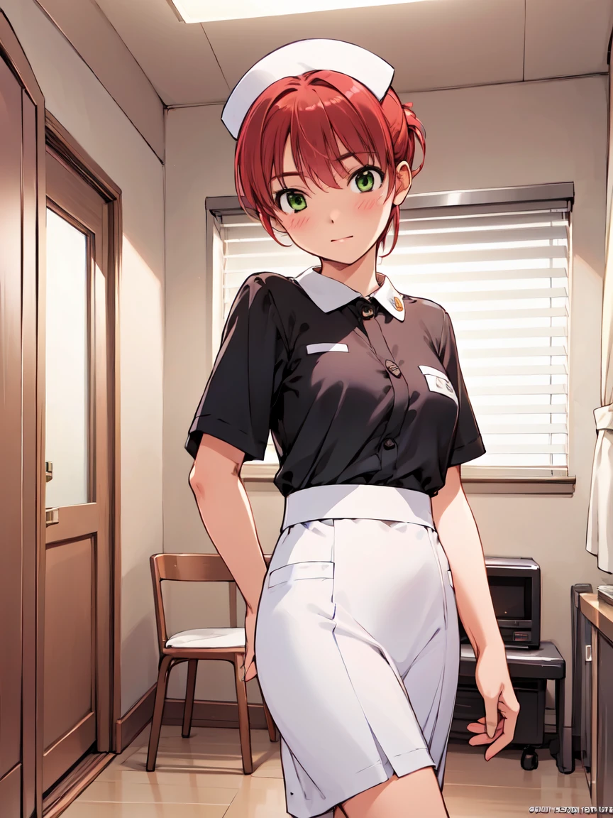 nurse uniform, nurse cap, Long skirt, nurse, (White costume), girl, alone, (mina_Hayase), Red Hair, Green Eyes, bangs,
