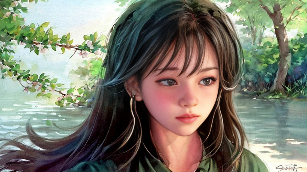 A young woman with fair white skin, freckled light blue eyes, and long chestnut curly hair. The woman is dressed in a bohemian style and wears large round glasses. This woman is leaning against a tree by the lake; She is listening to music with a book in her hand and headphones in her ears. ( Bohemian and mystical ) --- (((LONG SHOT)))) --- (Soft, relax, peaceful and content) --- (((MANGA)))