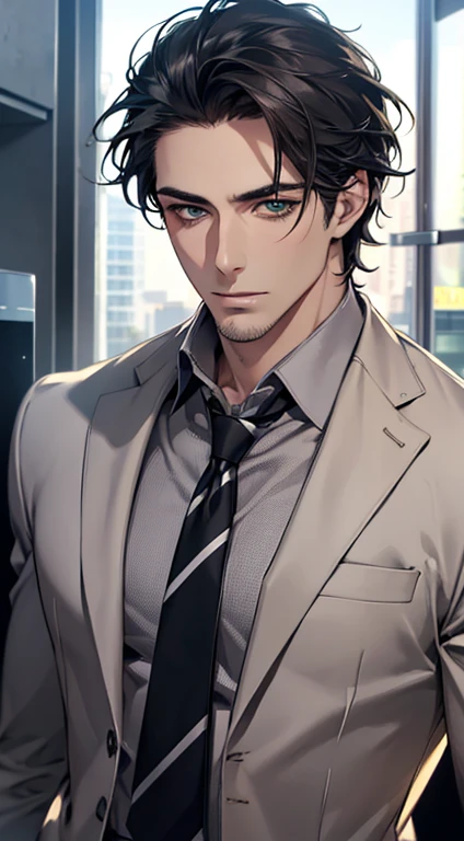 (Highest quality,4K,8K,High resolution,masterpiece:1.2),Super detailed,(Realistic,photoRealistic,photo-Realistic:1.37),1 person,35 years old,Mature Men,Beautiful skin、very handsome,Expressionless,Short gray Black hair,green eyes,Sharp Eyes,A perfect face without a doubt,Businessman, CEO, Office Background,Cinema Lighting,HDR image,tie、
