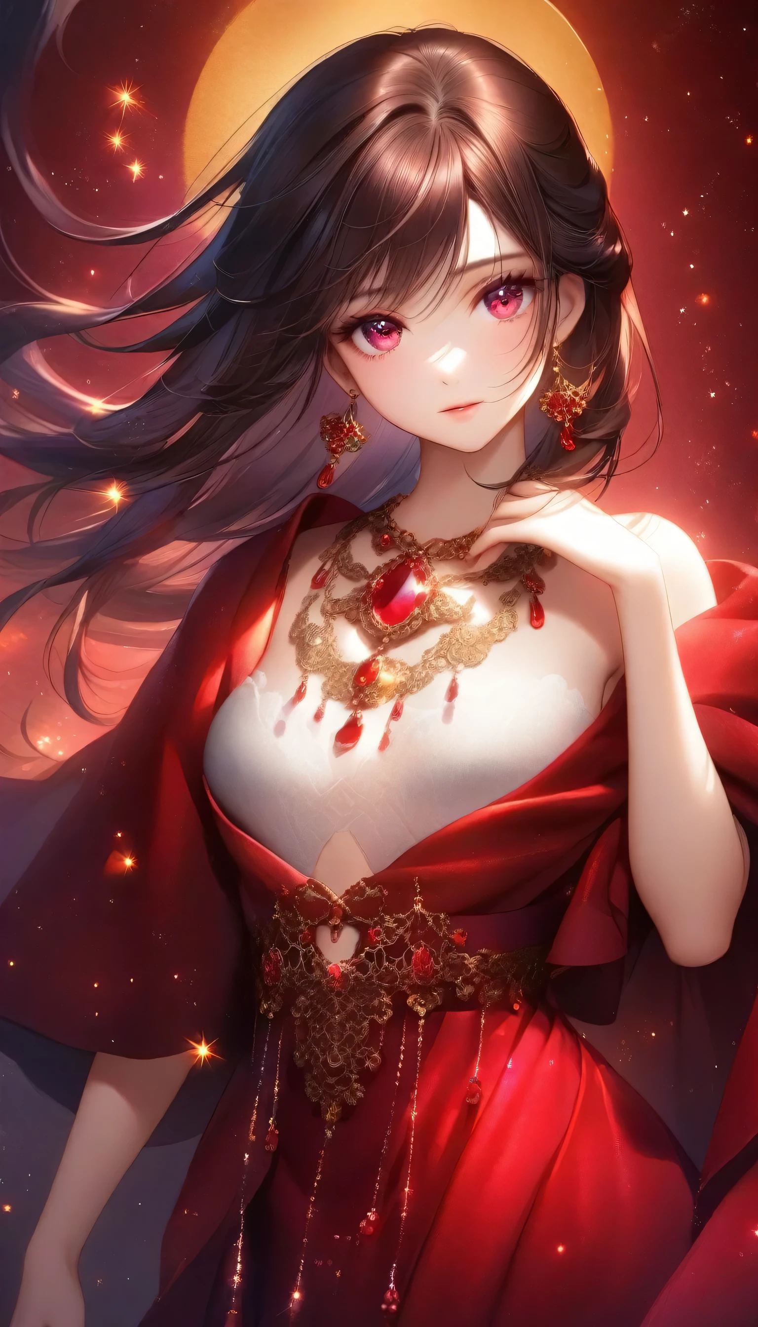 A close-up shot of a woman with an aura of deep red, her porcelain skin glowing beneath. She wears a statement necklace featuring rubies and amethysts, the precious stones nestled among delicate silver filigree. Her dark hair cascades down her back like a waterfall of night, and her eyes sparkle like polished garnets as she gazes directly at the camera. The background is a warm, golden haze, with subtle texture suggesting old parchment or worn velvet.