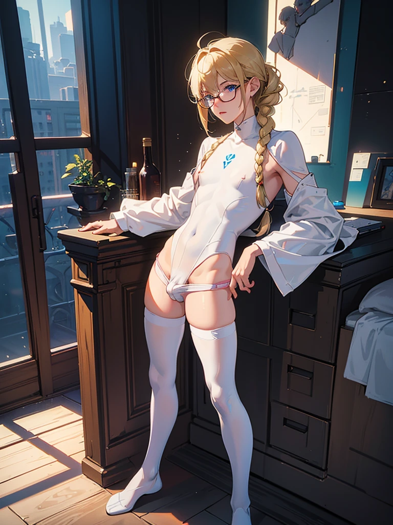 ((Best quality)), ((masterpiece)), (detailed:1.4), 3D, an image of a beautiful cyberpunk male,HDR (High Dynamic Range),Ray Tracing,NVIDIA RTX,Super-Resolution,Unreal 5,Subsurface scattering,PBR Texturing,Post-processing,Anisotropic Filtering,Depth-of-field,Maximum clarity and sharpness,Multi-layered textures,Albeo and Specular maps,Surface shading,Accurate simulation of light-material interaction,Perfect proportions,Octane Render,Two-tone lighting,Wide aperture,Low ISO,White balance,Rule of thirds,8K RAW,boy,gold hair,braid on one side,wet panties,Take the floral panties,white panties,can saw a trace on my panties dick,panties is very wet,The panties are so sheer you can see the penis,(idle),Spread legs,tattoo between legs,((The penis is shiny)), bottomless,cute boy, cute face,((bulge panties)).like a , the skin is smooth and shiny,((Smooth figure, small body)),There are wrinkles in the underwear, glasses, (((white penis))),They have small, white testicles,((limpy dick)),man chest,Kneel with your legs spread apart,body suit,rubber suit,blue eyes,The penis is extremely small and light pink color.