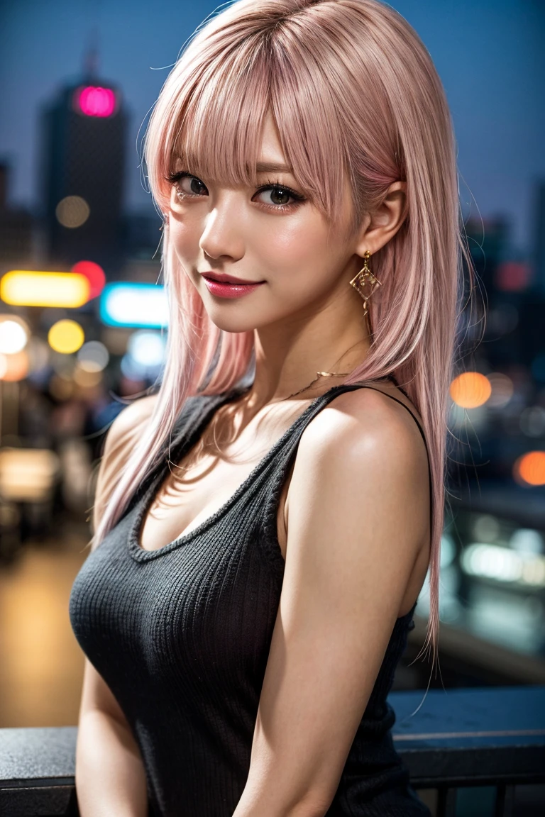 Highest quality, Tabletop, Ultra-high resolution, (Realistic:1.4), (Japanese Idols),RAW Photos, One Girl, night,Detailed skin,Blurred cityscape of South Korea,,Blonde, (Pink inner hair:1.3),Glossy Lips,smile,(Model pose:1.2),21 years old,Beautiful and beautiful eyes,Diamond jewellery,Earrings,Gold Jewelry,Cold Light,Tight black knitwear,,(Strengthened upper arms:1.2),A well-trained body,Pixie Hair