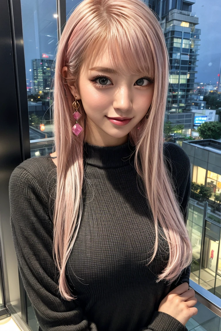 Highest quality, Tabletop, Ultra-high resolution, (Realistic:1.4), (Japanese Idols),RAW Photos, One Girl, night,Detailed skin,Blurred cityscape of South Korea,,Blonde, (Pink inner hair:1.3),Glossy Lips,smile,(Model pose:1.2),21 years old,Beautiful and beautiful eyes,Diamond jewellery,Earrings,Gold Jewelry,Cold Light,Tight black knitwear,,(Strengthened upper arms:1.2),A well-trained body,Pixie Hair