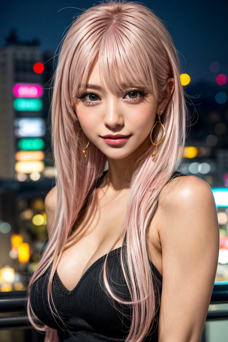 Highest quality, Tabletop, Ultra-high resolution, (Realistic:1.4), (Japanese Idols),RAW Photos, One Girl, night,Detailed skin,Blurred cityscape of South Korea,,Blonde, (Pink inner hair:1.3),Glossy Lips,smile,(Model pose:1.2),21 years old,Beautiful and beautiful eyes,Diamond jewellery,Earrings,Gold Jewelry,Cold Light,Tight black knitwear,,(Strengthened upper arms:1.2),A well-trained body,Pixie Hair