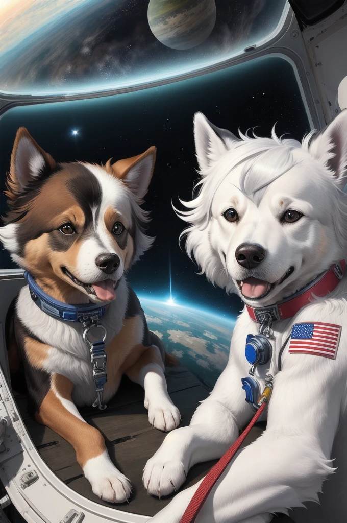 Belka and Strelka for the first time in space, post-punk style drawing