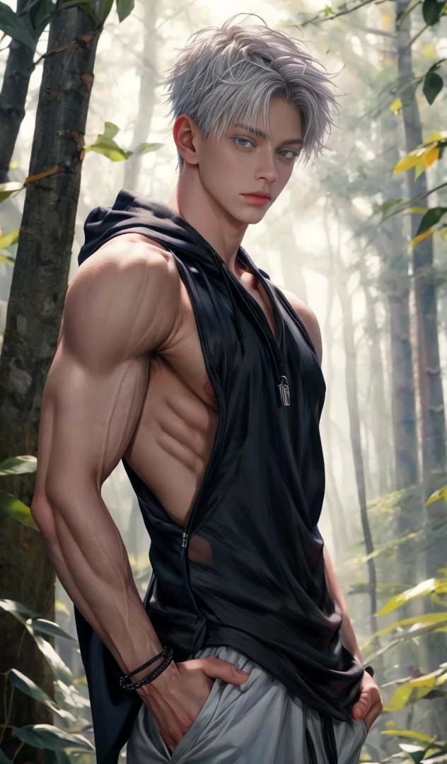 1 male, high resolution 4k, adult, handsome, perfect face detail, detailed eyes and face, clean shaved, sixpack realistic, white eyebrow hair, white eyelashes, Naked torso, Detailed face, perfect face, dynamic lighting, unreal engine, hd picture, satoru gojo, Jujutsu kaisen, white hair, short hair ,hair between eyes ,blue eyes, white skin, singlet hoodie jacket